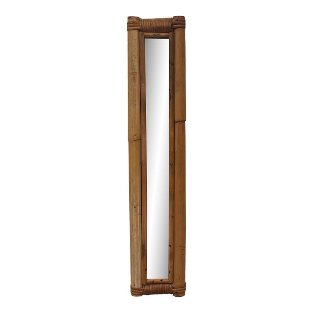 Vintage Coastal Boho Chic Slender Bamboo & Rattan Wall Mirror For Sale