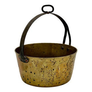 Unusual Mid 1800s Antique Heavy Brass & Hand Wrought Iron Fireplace Hearth Hanging Cooking Pot For Sale
