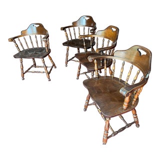 Late 20th Century Vintage S. Bent Bros. Solid Maple Colonial Pub Style Captains Dining Arm Chairs - Set of 4 For Sale