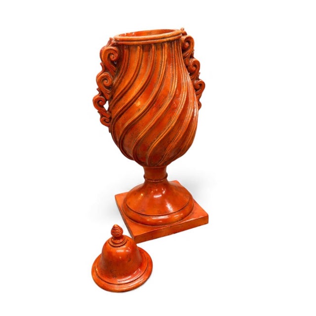 Stunning Large Terracotta Orange Urn / Finial With Swirl Fluting & Scroll Handles For Sale - Image 4 of 8