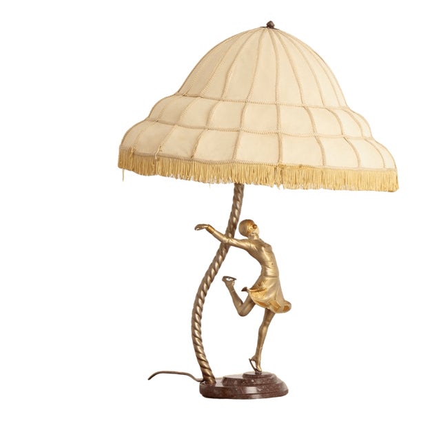 Large Art Deco Sculptural Lamp of Female Skater on Stepped Marble Base, 1930s For Sale