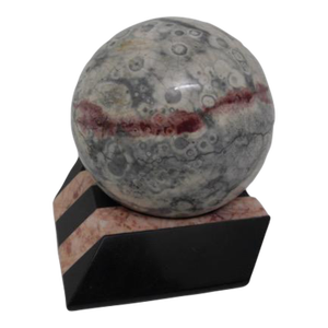 Jasper Moonstone Quartz Sphere on Striped Marble Deco Base
