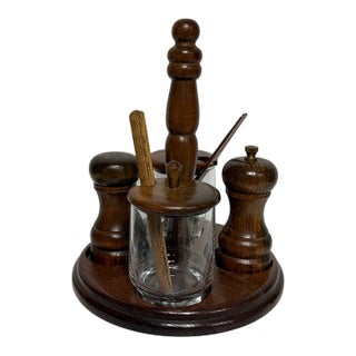 Vintage Mid-Century Wood & Glass Condiment Caddy Salt & Pepper Mill Set For Sale