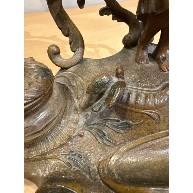 Metal Antique French Art Nouveau Figural Double Inkwell For Sale - Image 7 of 8