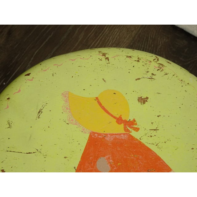 Vintage French Country Lime Green Rustic Footstool Stool W a Child Pictured For Sale - Image 10 of 16