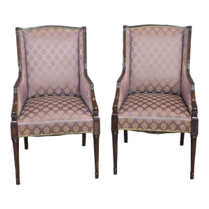 Pair of Mid 20th Century Mahogany Sheraton Style Arm Chairs W Tapestry Designer Silk Fabric
