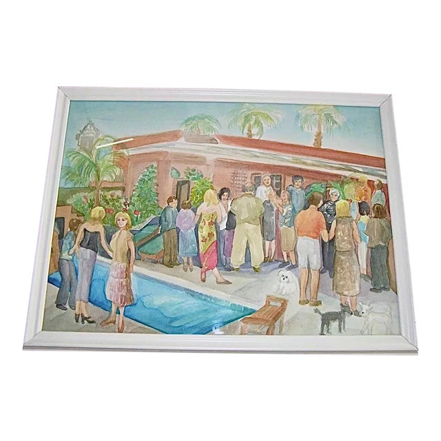1970s Original Palm Springs Hysterical Society Poolside Gossip Party Watercolor Framed Paintingi For Sale