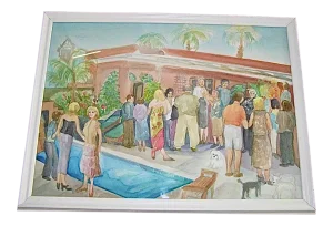 1970s Original Palm Springs Hysterical Society Poolside Gossip Party Watercolor Framed Paintingi