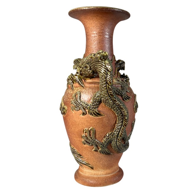 11+ In. Tall Vintage Japanese Tokoname-Yaki Style Pottery Vase Dark Green Glaze Dragon For Sale - Image 4 of 16