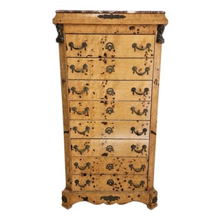 Mid-20th Century Burl Wood Marble-Top Tall Chest of Drawers For Sale