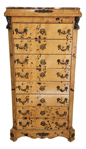 Mid-20th Century Burl Wood Marble-Top Tall Chest of Drawers