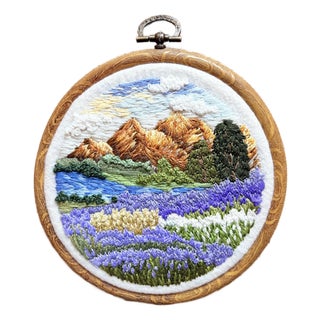Golden Hour Peaks & Lavender Field - Hand-Embroidered Wall Art For Sale