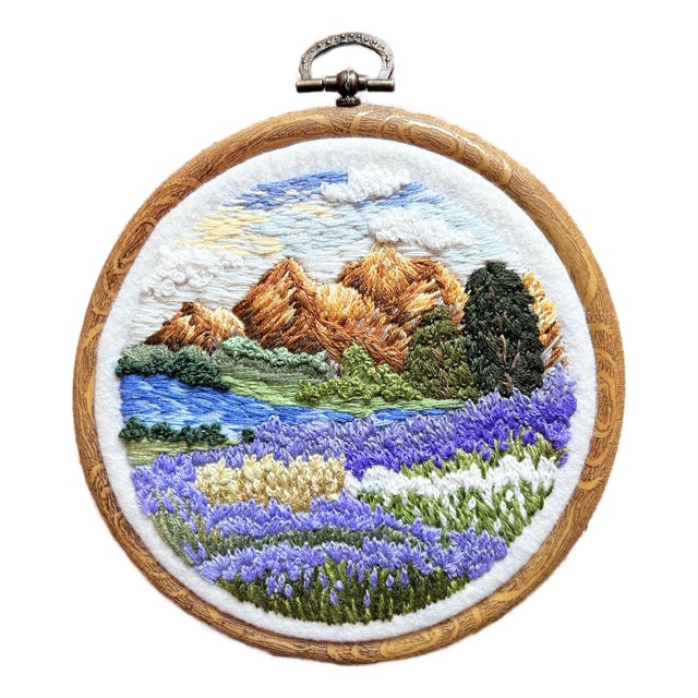 Golden Hour Peaks & Lavender Field - Hand-Embroidered Wall Art For Sale