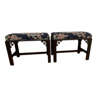 1970s Vintage Henredon Furniture Chippendale Style Pair of Mahogany Benches For Sale