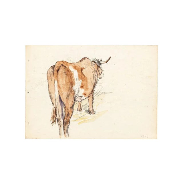 Countryside is an original drawing in watercolor on paper, realized by Jean Delpech (1988-1916). With the drawing a cow...