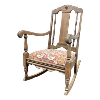 Early 20th Century Rocking Chair With Bird & Botanical Upholstery For Sale