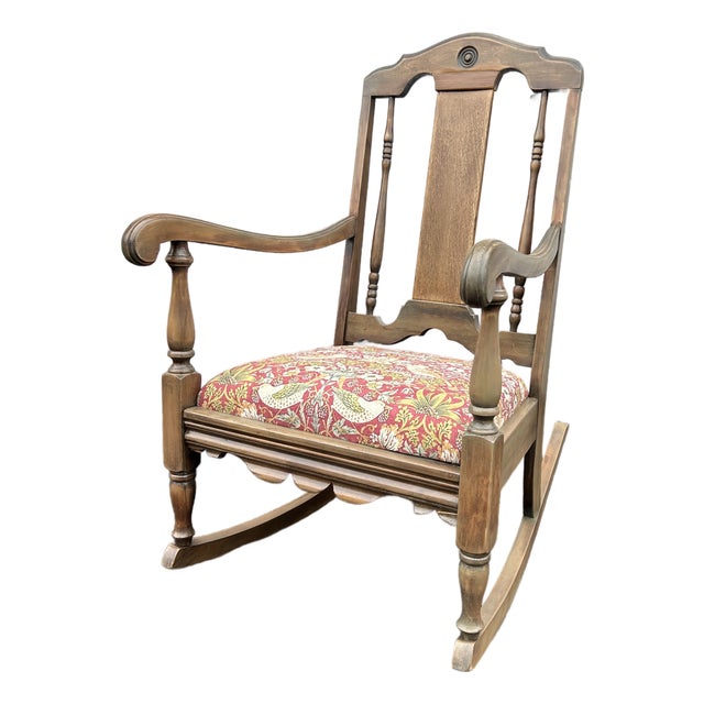 Early 20th Century Rocking Chair With Bird & Botanical Upholstery For Sale