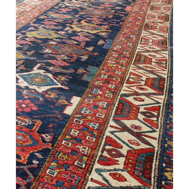 Red, Blue, and Ivory Antique Persian Bidjar Runner With All-Over Geometrics 3'11"x14'3" For Sale In Atlanta - Image 6 of 8
