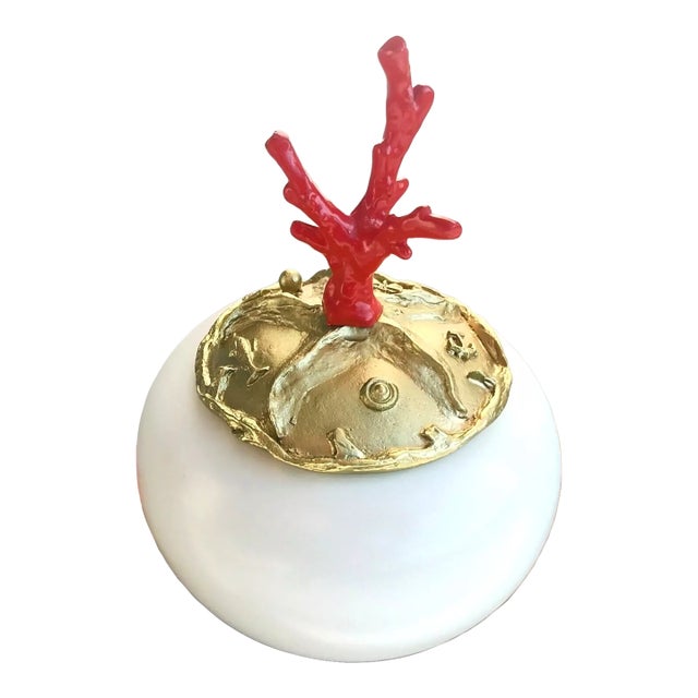 One of a Kind Red Coral, Hand-Carved Gold Plated Lid Round Ceramic Box France For Sale