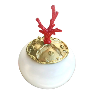 One of a Kind Red Coral, Hand-Carved Gold Plated Lid Round Ceramic Box France