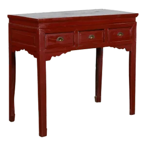 Chinese Vintage Red Lacquer Carved Spandrel 3-Drawer Console Table