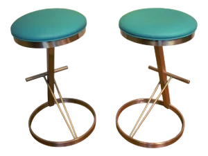 Modern Brushed Stainless Steel Base With Teal Top Bar Stools - Pair