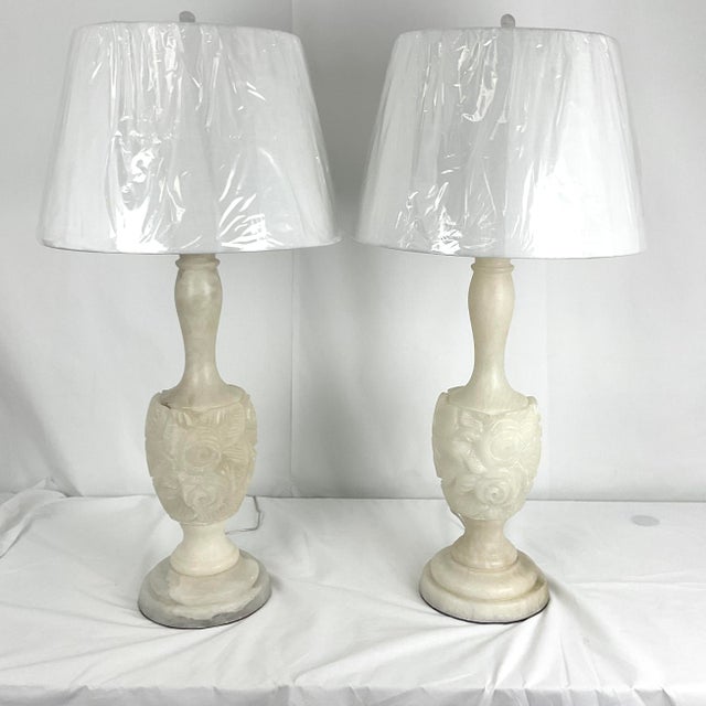 Antique White Vintage Carved Natural Alabaster Floral Lamps - a Pair For Sale - Image 8 of 12