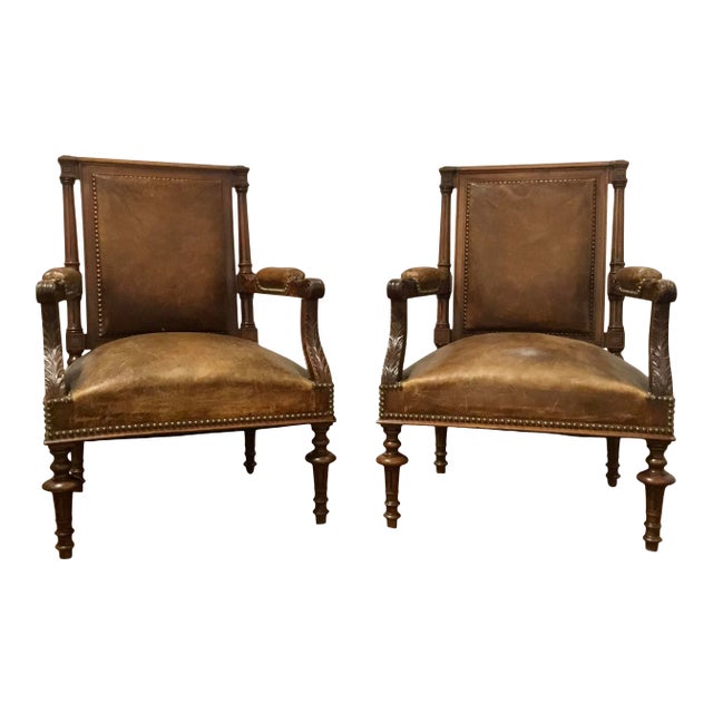 Antique Carved Wood Brown Leather Arm Chairs - a Pair For Sale