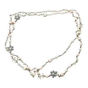 Chanel Gold CC Pastel Blue Pink Flower Faux Pearl Necklace
