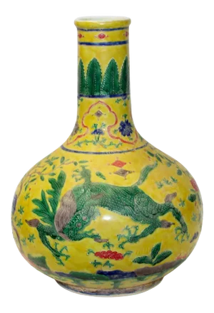 Handmade Ceramic Yellow Dimensional Flower Foo Dogs Motif Vase
