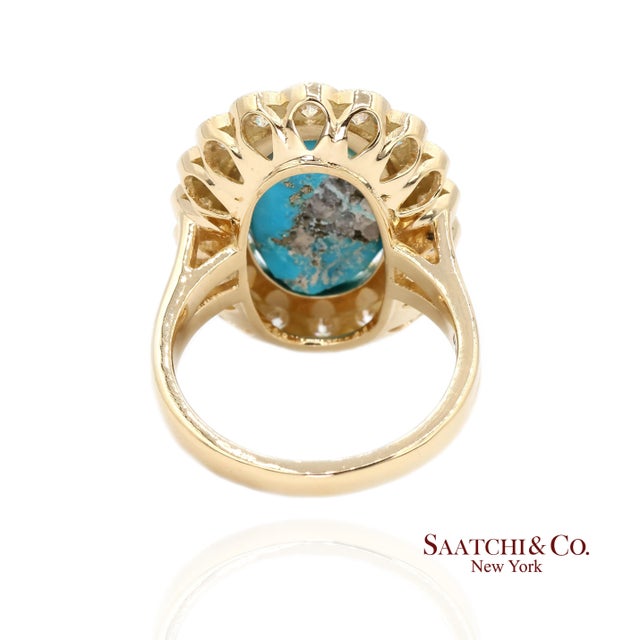 Persian Turquoise Diamond Ring Women Size 7 18k Yellow Gold Glam Luxe, Size 7 For Sale - Image 4 of 10