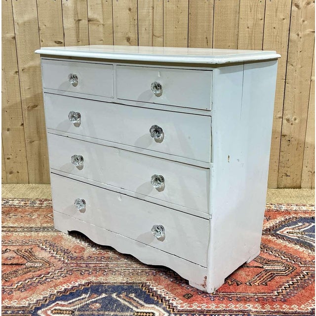 19th Century English Chest of Drawers Painted in Fir with Its Glass Buttons For Sale - Image 3 of 12