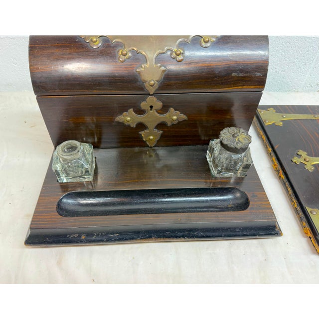 Antique 19th Century Brass Wood English Inkwell Letter Pen Stand Writing Book For Sale In New York - Image 6 of 14