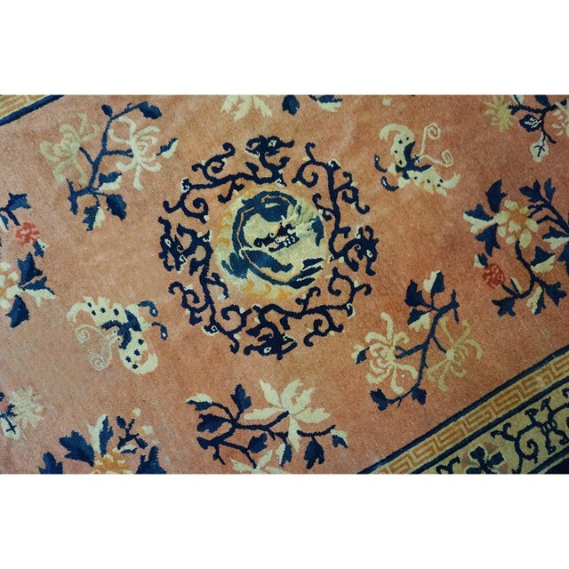 Peach 1890s Classic Medallion Antique Peking Chinese Wool Coral Hand Knotted Small Rug For Sale - Image 8 of 9