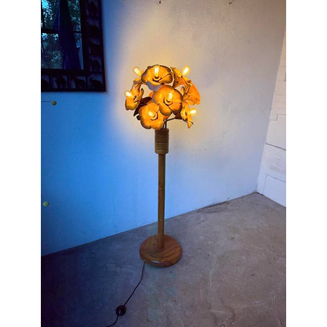 1970s Elm Floor Lamp with Flower Motifs, 1970s For Sale - Image 5 of 18