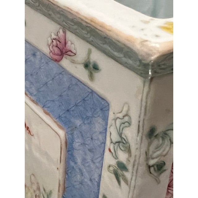 Asian Antique Pink and Blue Famille Rose Vase With Matching Base For Sale - Image 3 of 4