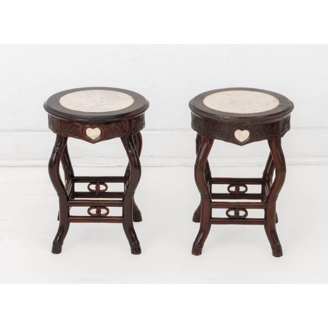 Pair of Victorian Chinoiserie Style Mahogany Pedestals, with white alabaster inset circular top above bamboo motif legs....