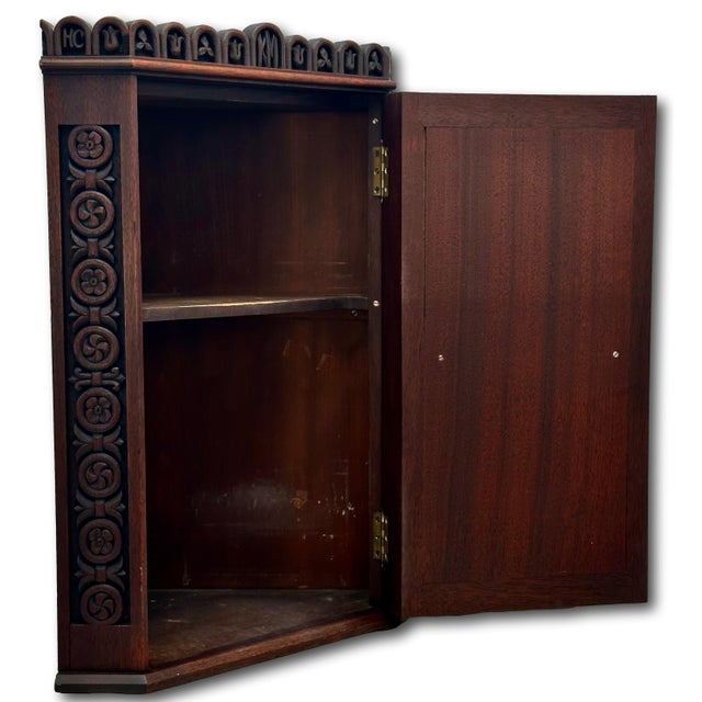 Outstanding Antique Beautifully Hand Carved Solid Mahogany Wall Hanging Corner Cabinet - Signed & Dated 1900 For Sale - Image 13 of 18