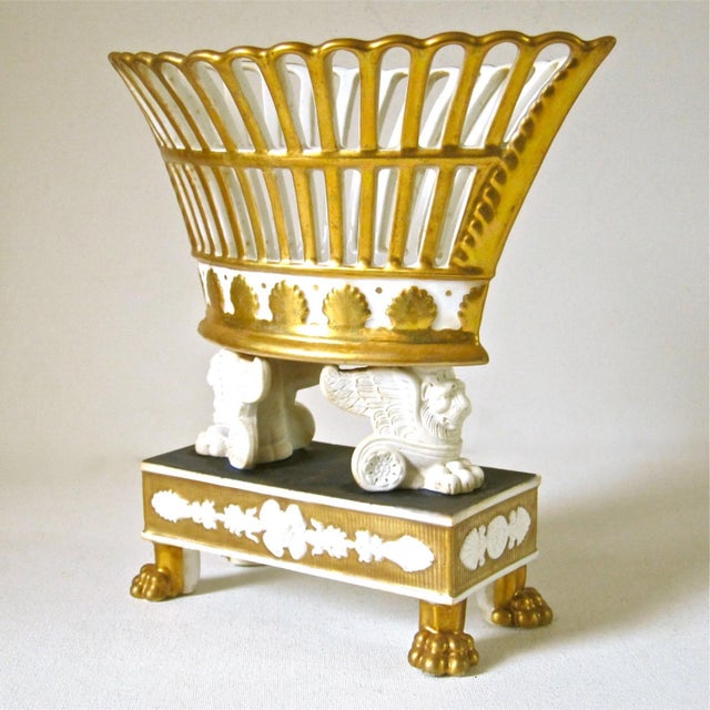 Antique early 19th century French Empire Paris Porcelain corbeille or reticulated basket with griffin supports and lion...
