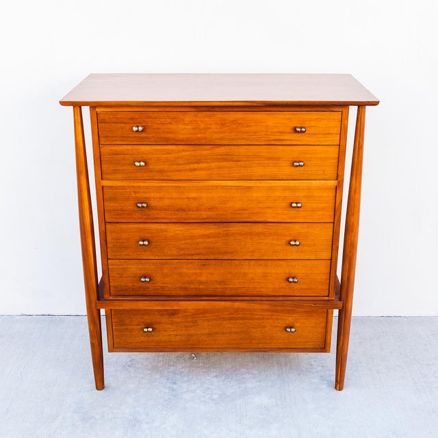 Restored 1950s Mount Airy Walnut & Brass Sculptural Mid Century Highboy Dresser, Attributed For Sale - Image 12 of 14