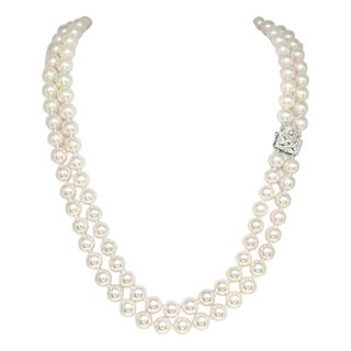 1990s Diamond Akoya Pearl Necklace 8 Mm 14k Gold 18 3/4" 2-Strand Certified For Sale