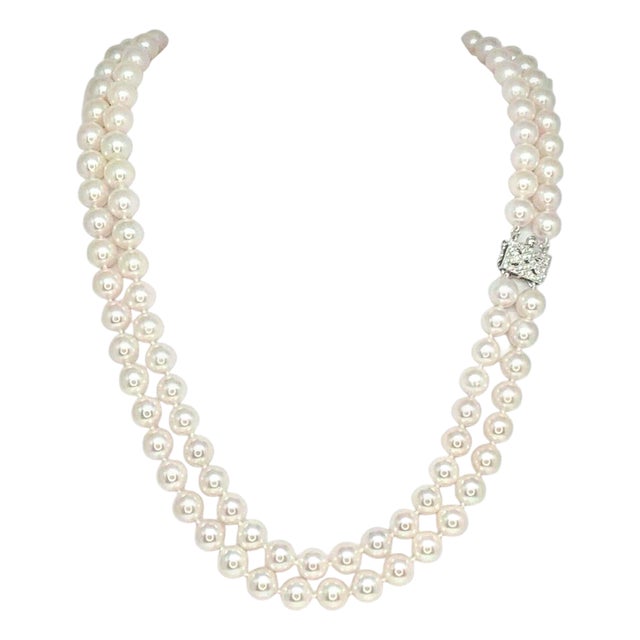 1990s Diamond Akoya Pearl Necklace 8 Mm 14k Gold 18 3/4" 2-Strand Certified For Sale