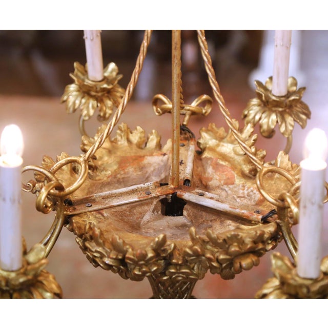 Gold Mid-Century French Louis XVI Giltwood Six-Light Basket Floral Chandelier For Sale - Image 8 of 10