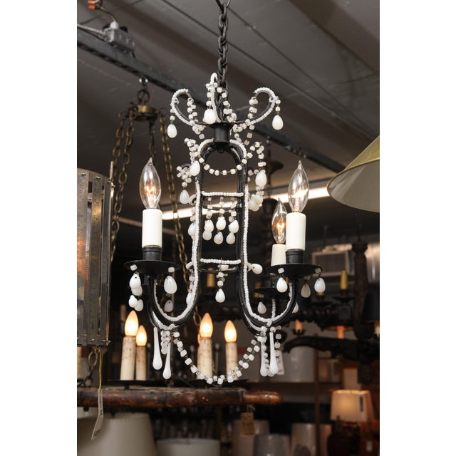 Petite 4-Light Iron & Opaline Glass Beaded Chandelier, 1940s Italy For Sale - Image 10 of 14