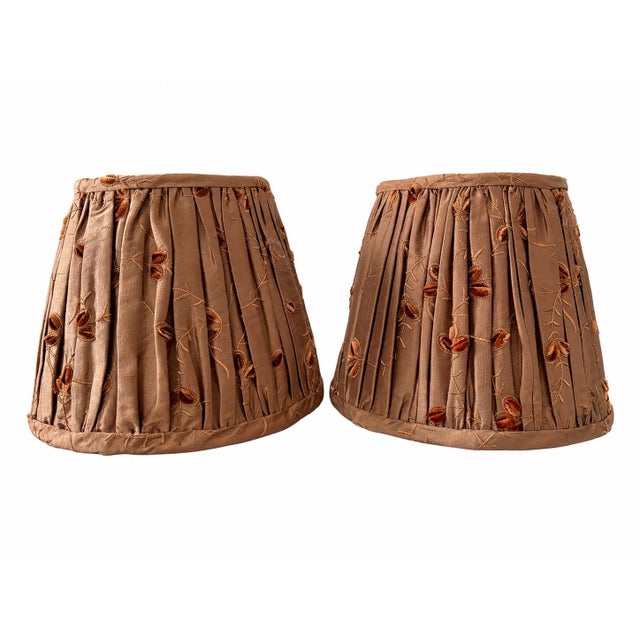 Hollywood Regency Pair of Vintage That Shady Lady Burnt Orange Pleated Silk Embroidered Lamp Shades For Sale - Image 3 of 4