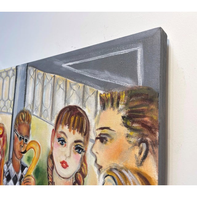 Contemporary Close Encounters by Zoa Ace | Oil Painting of a colorful gathering of people and animals. For Sale - Image 3 of 3