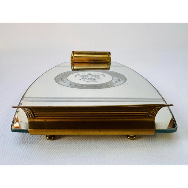 Vintage Etched Glass and Brass Tray With Floral Medallion, Art Deco Era For Sale - Image 4 of 8