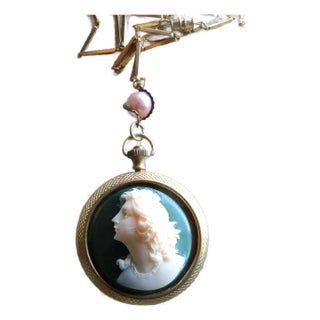 Vintage European Dark Green Woman Cameo Profile Pocket Watch Locket, Pearl Bead, Gold Link Chain For Sale