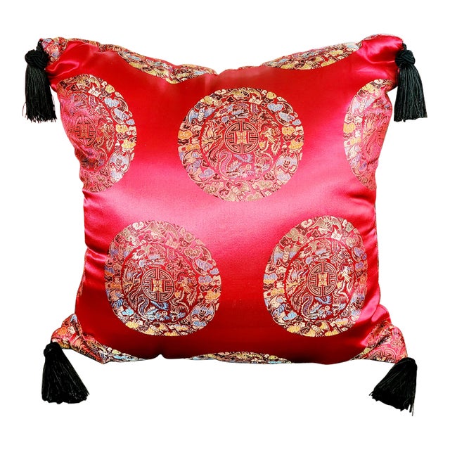 Asian Red Satin Silk Jacquard Decorative Knotted Tassel Pillow For Sale
