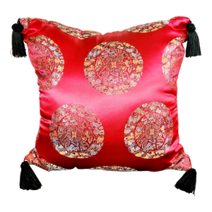 Asian Red Satin Silk Jacquard Decorative Knotted Tassel Pillow